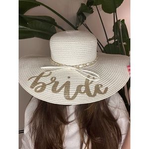 White Oversized “Bride” Beach Hat with Gold Chain and Bow